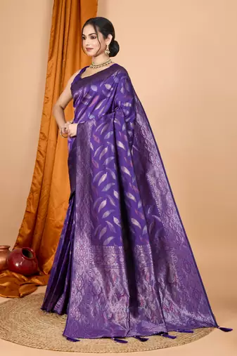 Woven double zari lavender soft silk blend partywear saree