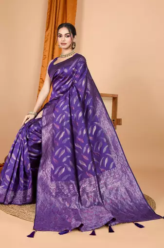 Woven double zari lavender soft silk blend partywear saree