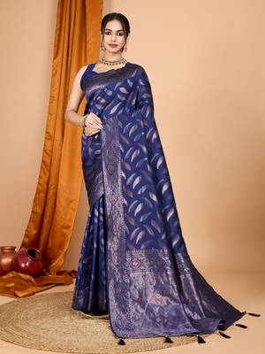 Woven double zari navy blue soft silk blend partywear saree 1