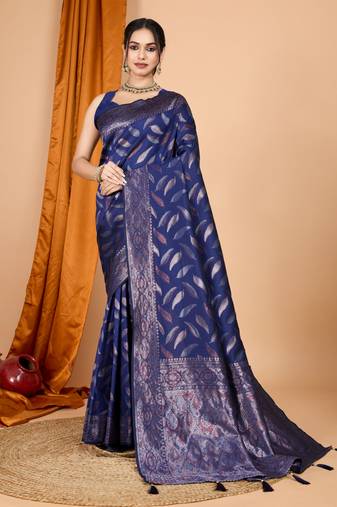 Woven double jari designer navy blue soft silk blend partywear saree