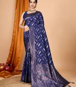 Woven double jari designer navy blue soft silk blend partywear saree