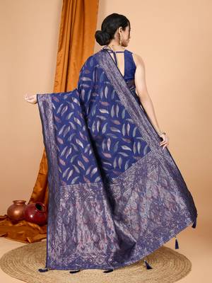 Woven double zari navy blue soft silk blend partywear saree 2