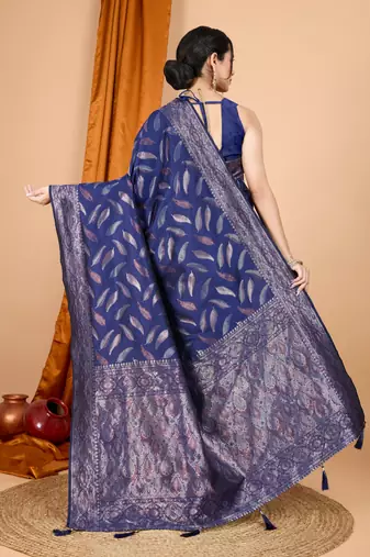 Woven double zari navy blue soft silk blend partywear saree