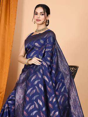 Woven double zari navy blue soft silk blend partywear saree 3
