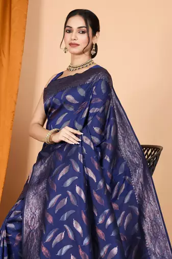 Woven double zari navy blue soft silk blend partywear saree