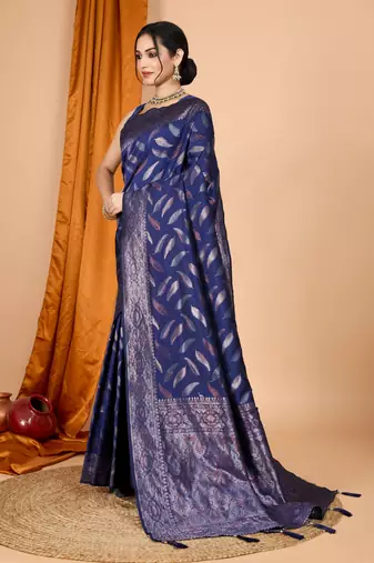 Woven double zari navy blue soft silk blend partywear saree