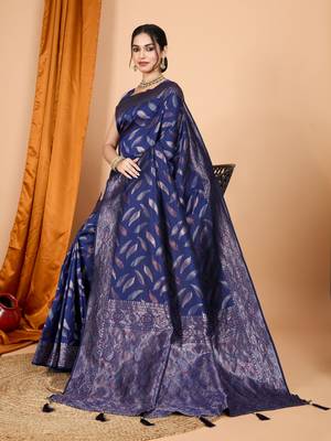 Woven double zari navy blue soft silk blend partywear saree 5