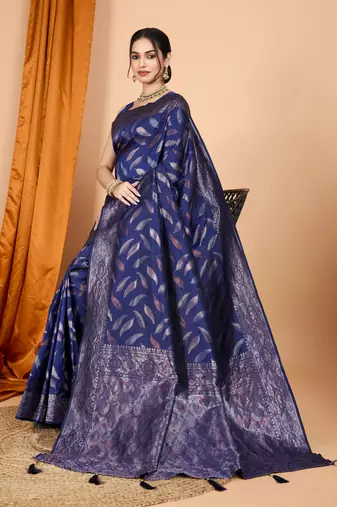 Woven double zari navy blue soft silk blend partywear saree