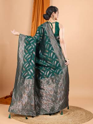 Woven double zari green soft silk blend partywear saree 2