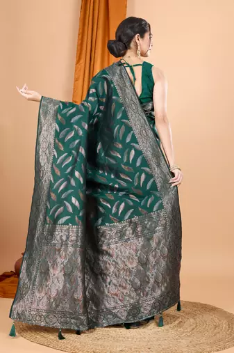 Woven double zari green soft silk blend partywear saree