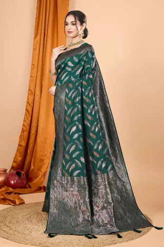 Woven double zari green soft silk blend partywear saree