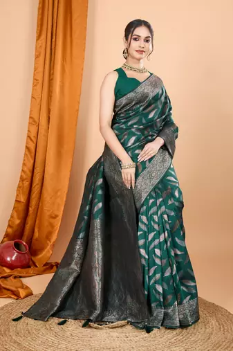 Woven double zari green soft silk blend partywear saree