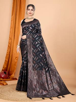 Woven double zari black soft silk blend partywear saree 1