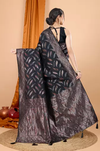 Woven double zari black soft silk blend partywear saree