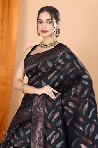 Woven double zari black soft silk blend partywear saree