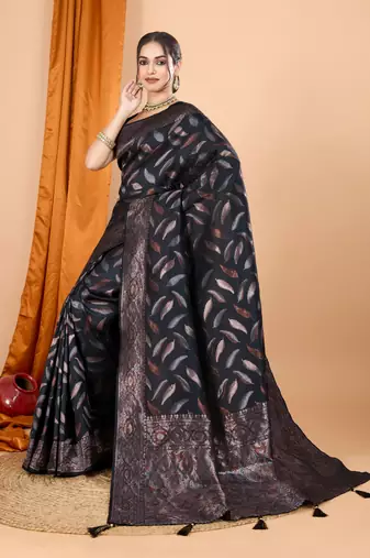 Woven double zari black soft silk blend partywear saree