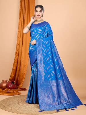 Woven double zari blue soft silk blend partywear saree 1