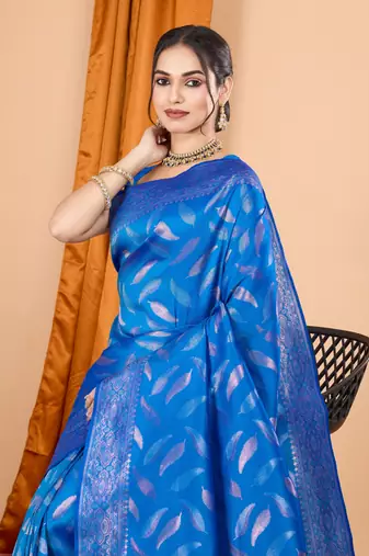 Woven double zari blue soft silk blend partywear saree