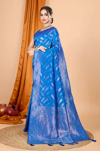 Woven double zari blue soft silk blend partywear saree