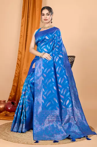Woven double zari blue soft silk blend partywear saree