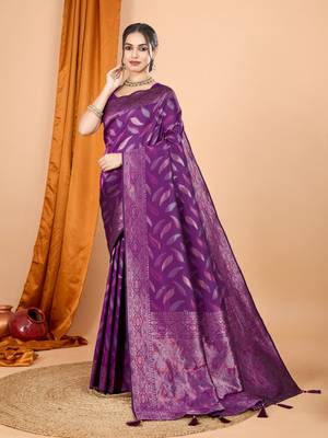 Woven double zari purple soft silk blend partywear saree 1
