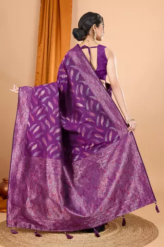 Woven double zari purple soft silk blend partywear saree