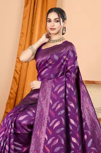 Woven double zari purple soft silk blend partywear saree