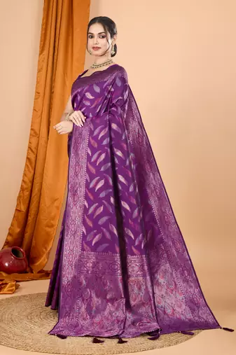 Woven double zari purple soft silk blend partywear saree