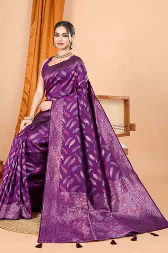 Woven double zari purple soft silk blend partywear saree