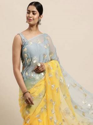 Yellow organza gota patti work saree 3