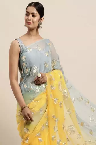 Yellow organza gota patti work saree