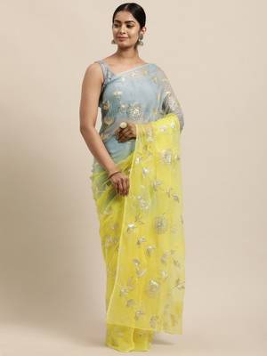 Lime organza gota patti work saree 1