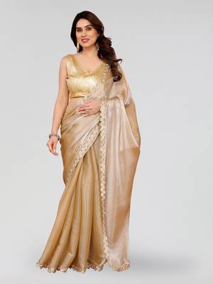 Beige jimmy choo sequin embroidery cut work partywear saree 1