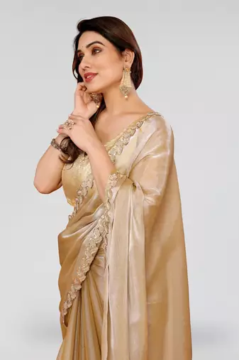 Beige jimmy choo sequin embroidery cut work partywear saree