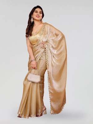 Beige jimmy choo sequin embroidery cut work partywear saree 5