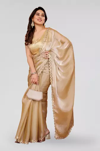 Beige jimmy choo sequin embroidery cut work partywear saree