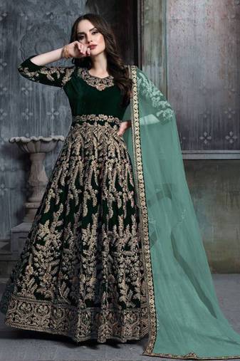 Green velvet resham embroidered anarkali suit