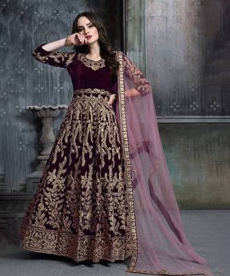 Wine velvet resham embroidered anarkali suit 1