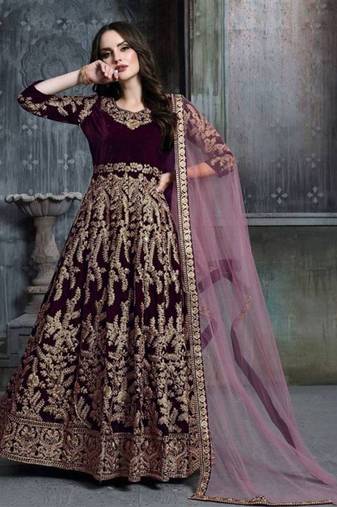 Wine velvet resham embroidered anarkali suit