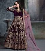 Wine velvet resham embroidered anarkali suit
