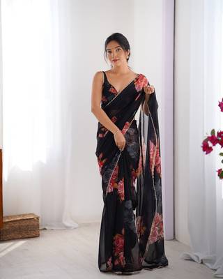 Black georgette saree with hand print and moti lace border 1