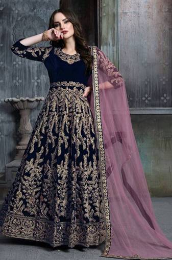 Blue velvet resham embroidered anarkali suit