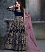 Blue velvet resham embroidered anarkali suit