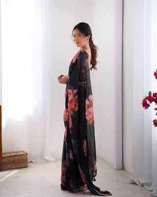 Black georgette saree with hand print and moti lace border 2