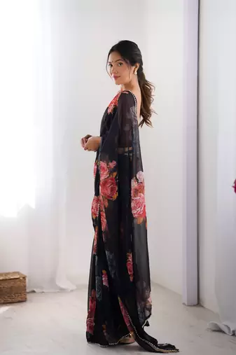 Black georgette saree with hand print and moti lace border