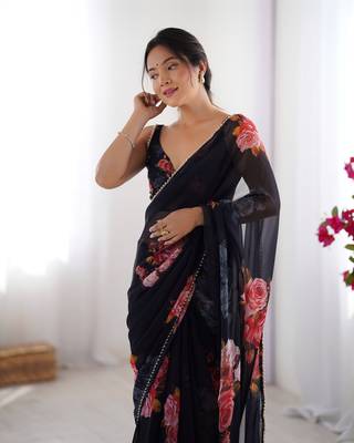 Black georgette saree with hand print and moti lace border 3