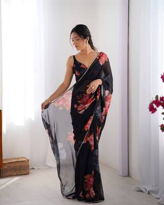 Black georgette saree with hand print and moti lace border 4