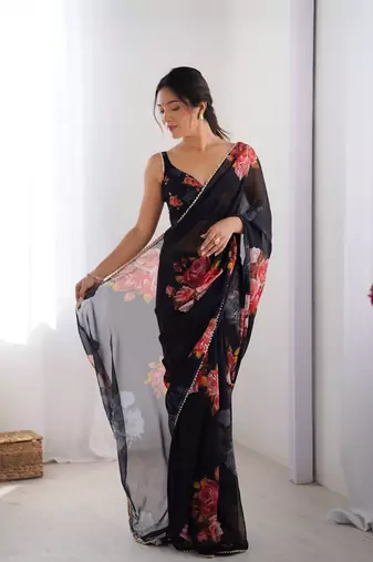 Black georgette saree with hand print and moti lace border