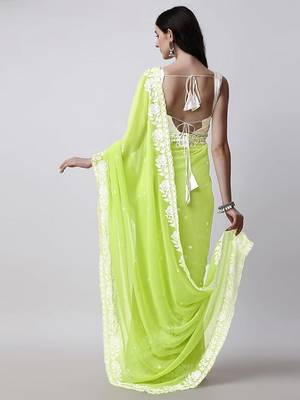 Green georgette embroidery work partywear saree 2