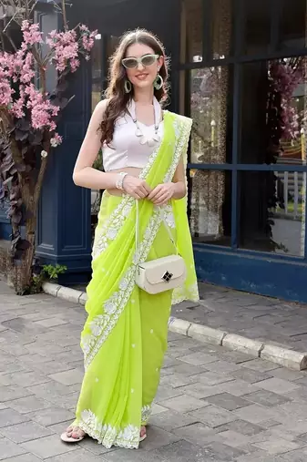 Green georgette embroidery work partywear saree